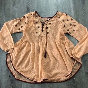 Free People Peach Boho Peasant Blouse with Brown Embroidery